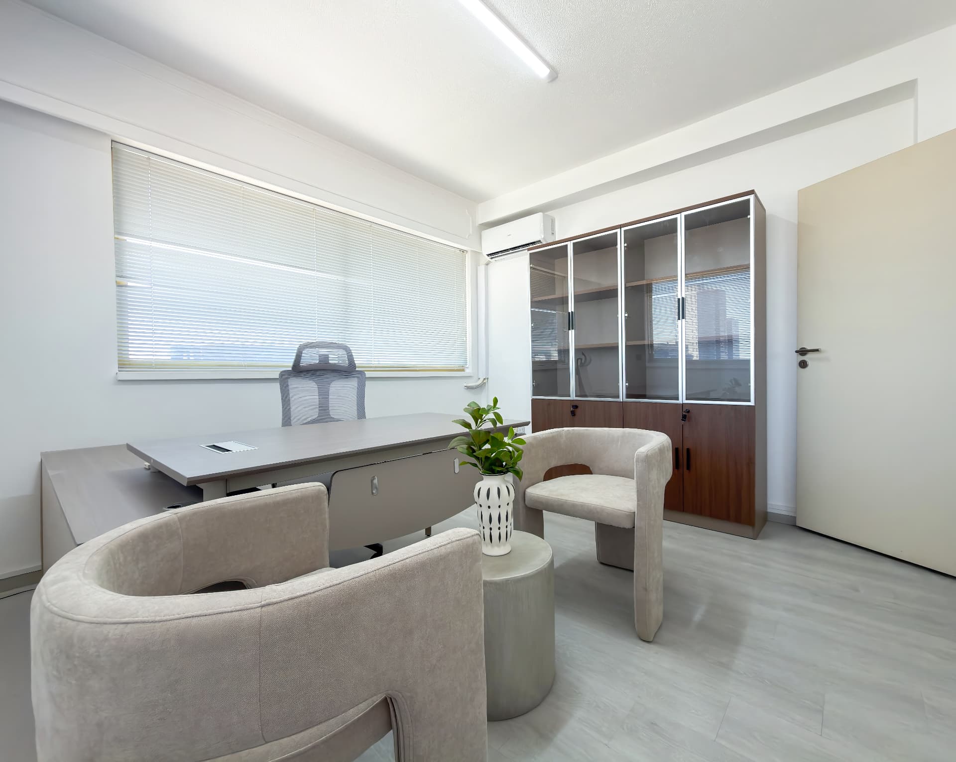 Corner Office desk with display cabinetry and planting